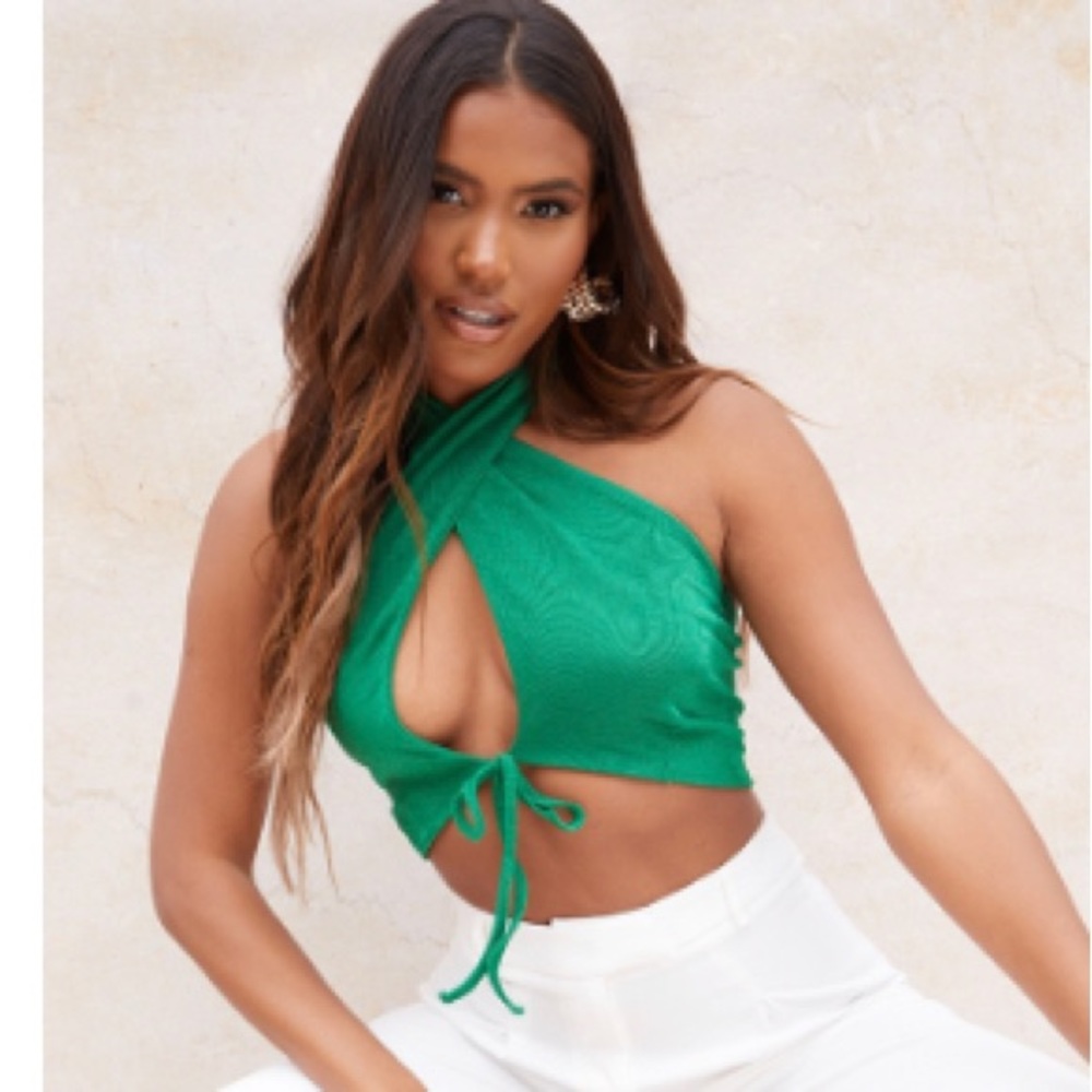 Bright Green Acetate Slinky Cross Over Halterneck Crop